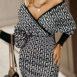 Women's Off Shoulder Long Sleeve Mini Dress with a Geometric Pattern