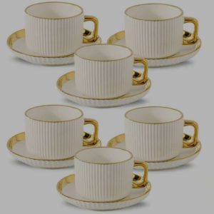 300ml Ceramic Coffee Cup Set with Golden Rim, 6 Cups and Saucers